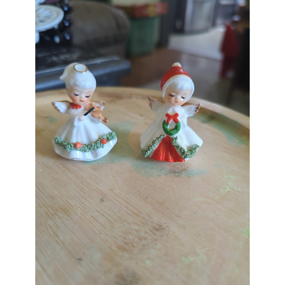 2 Vintage Napco Bone China Angel Figurines with Spaghetti Trim